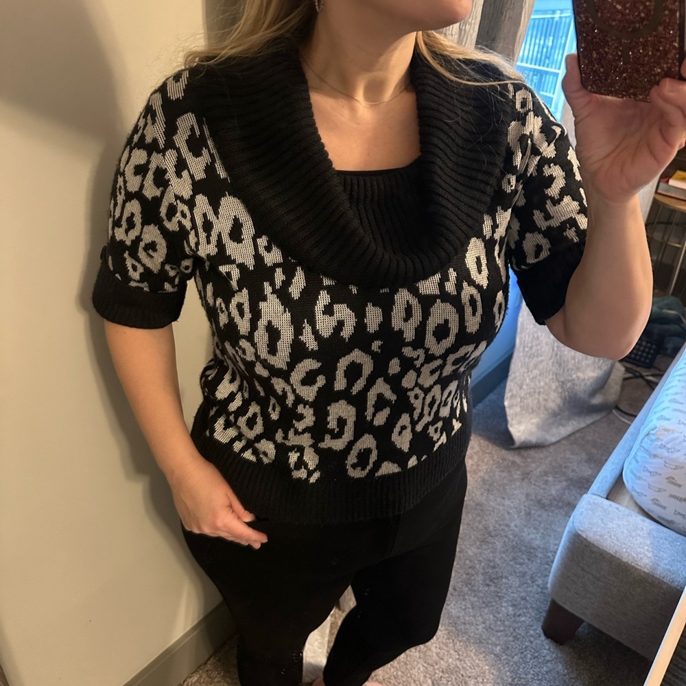 Ruby Rd. Favorites Cowl Neck Petite Animal Print Short Sleeved Sweater